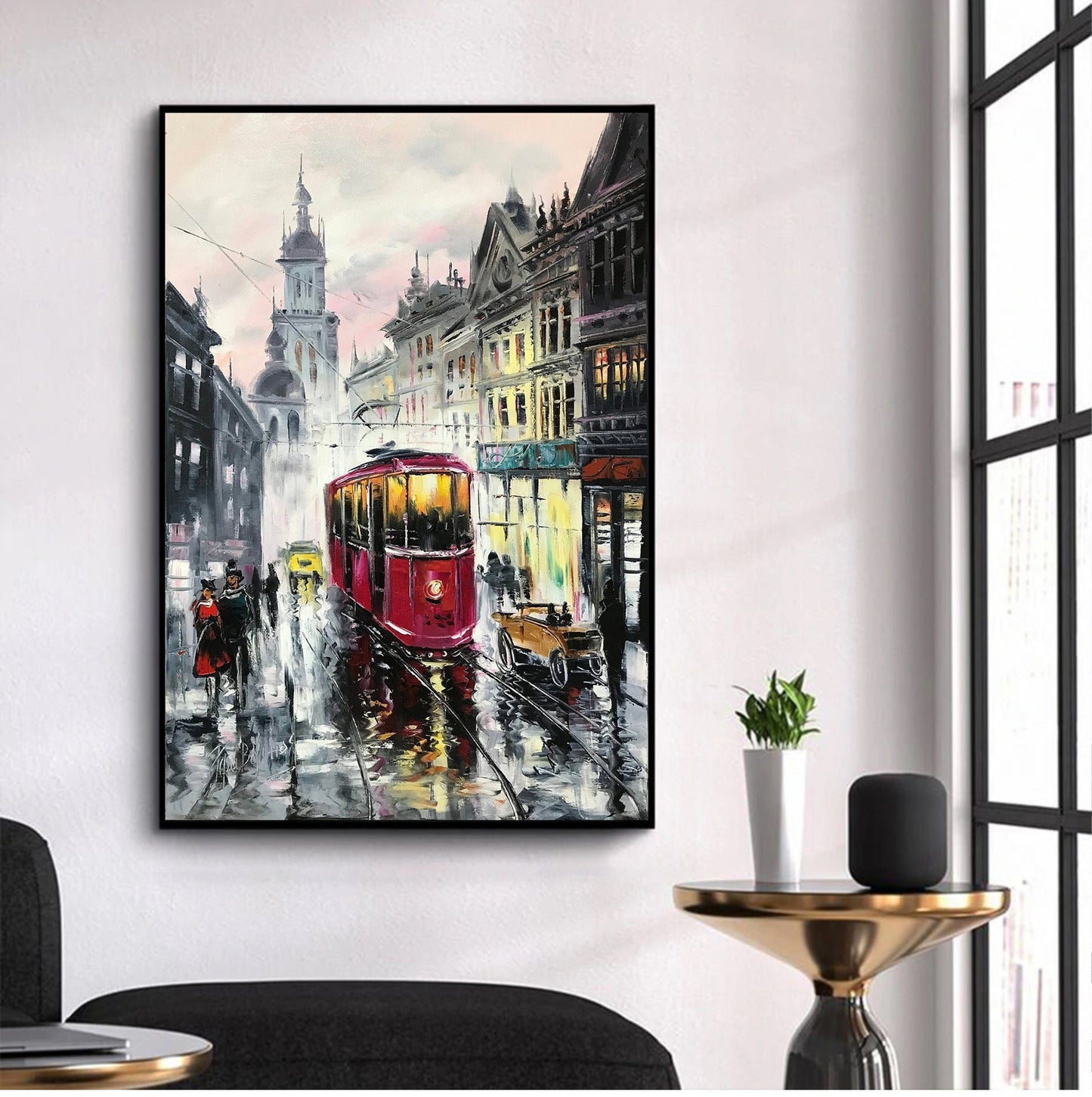 Large City Scene Oil Painting Original Black And White Europe Wall Art Old Town Painting on Canvas Large Impressionist Cityscape Paintings