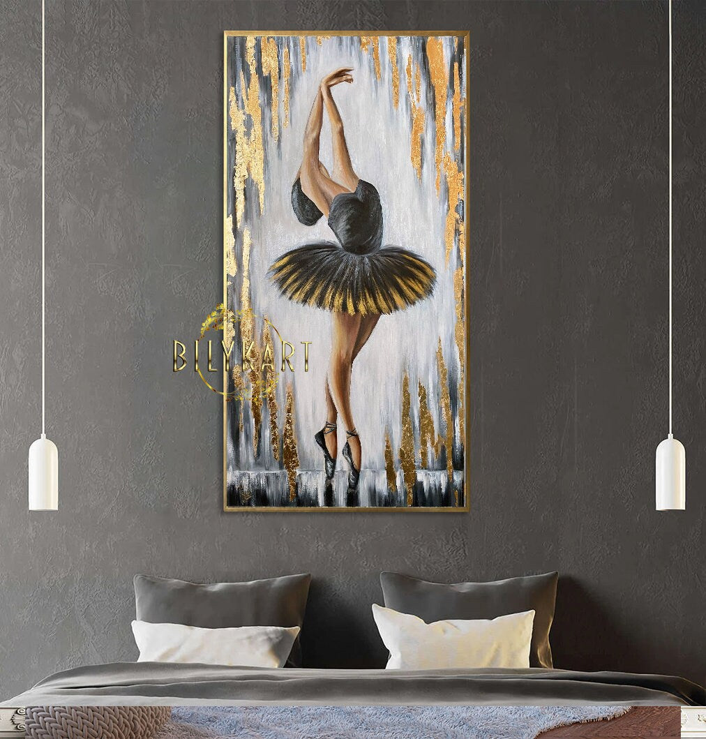 Dancing Girl Oil Painting Original Dancing Woman Art Ballet Oil Painting Black Gold Wall Art Dancer Gifts for Her Ballerina Painting 50x100