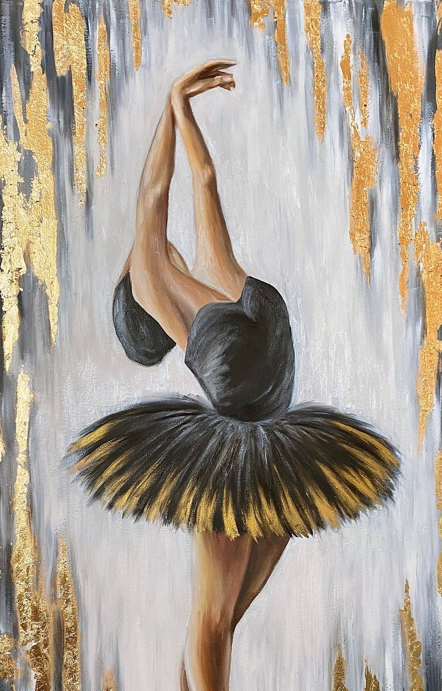 Dancing Girl Oil Painting Original Dancing Woman Art Ballet Oil Painting Black Gold Wall Art Dancer Gifts for Her Ballerina Painting 50x100