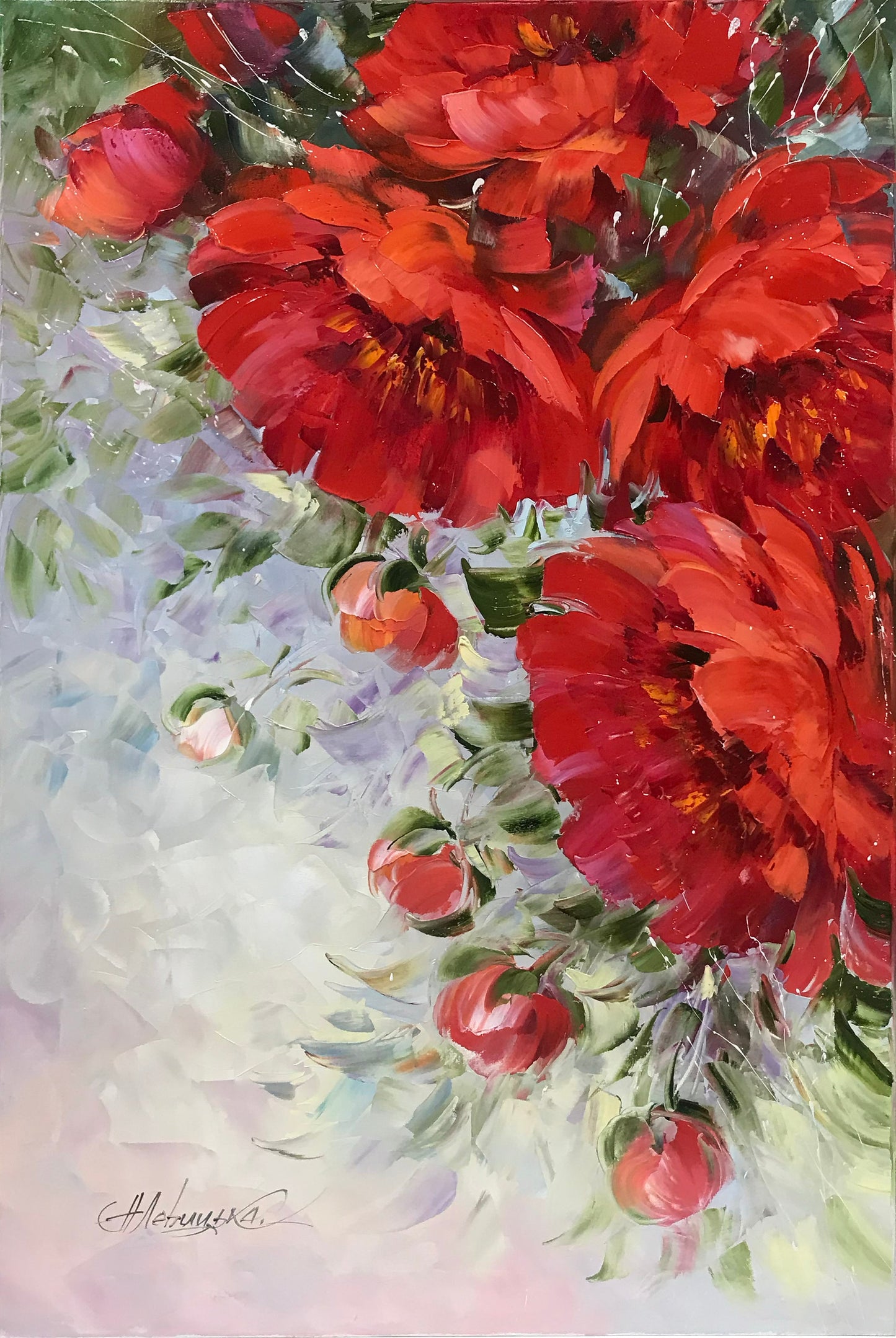 Abstract Peony Painting on Canvas Peonies Painting 30x40 Floral Wall Art Red Peony Flower Art Peonies Artwork Red Flowers Painting 40x60"