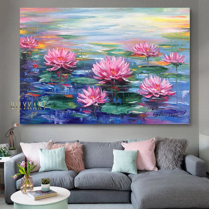 Water Lily Painting on Canvas Claude Monet Water Lilies Wall Art Lotus Flower Oil Painting Pink Lilies Wall Decor Pond Painting Original