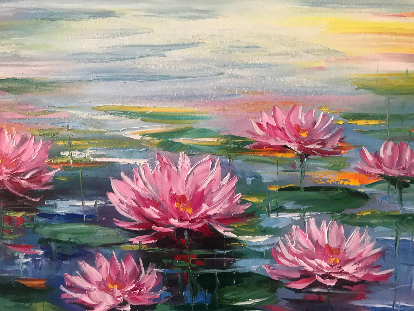 Water Lily Painting on Canvas Claude Monet Water Lilies Wall Art Lotus Flower Oil Painting Pink Lilies Wall Decor Pond Painting Original