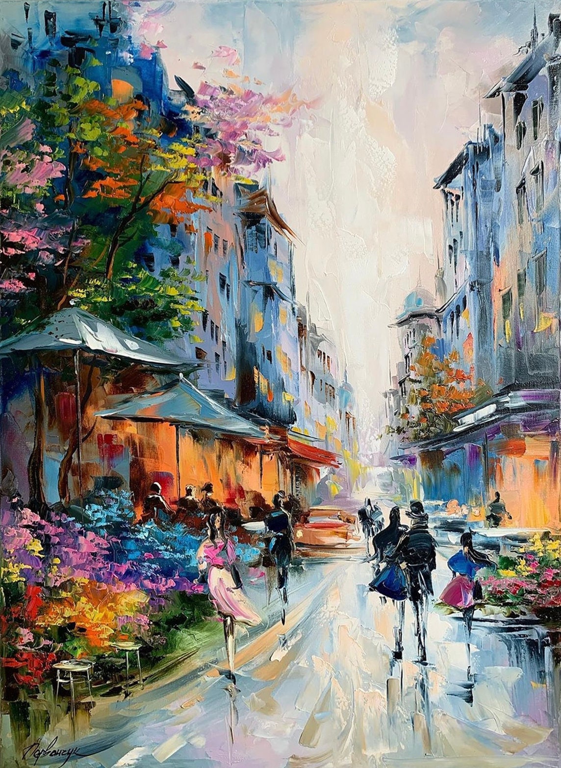 Large Paris Oil Painting Original Paris Street Scene Painting Romantic Paris Cafe Art Paris Flower Market Artwork Romantic Couple Wall Art