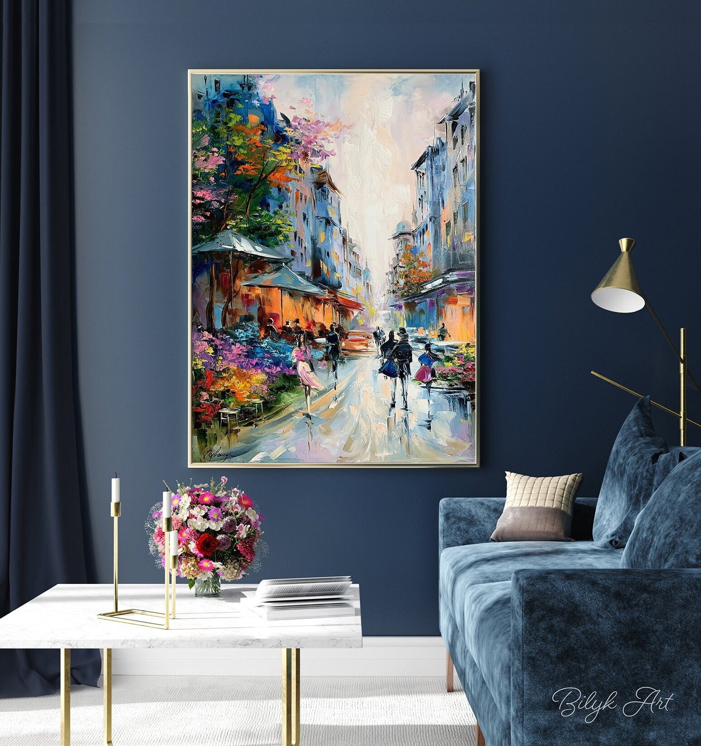 Large Paris Oil Painting Original Paris Street Scene Painting Romantic Paris Cafe Art Paris Flower Market Artwork Romantic Couple Wall Art