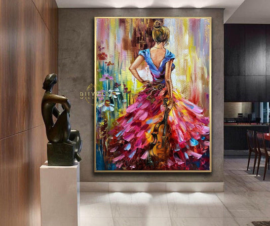 Violin Girl Oil Painting Canvas Original Beautiful Woman Wall Art Texture Painting Flower Dress Art Gorgeous Painting Unique Gift for Fiance