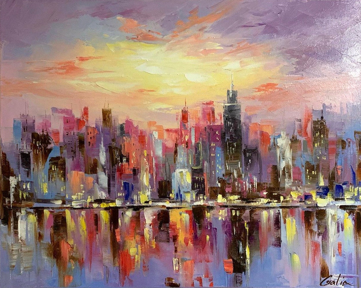 Large Night City Abstract Painting, Urban City Scape Painting, Extra Large City Modern Wall Art Decor, Chicago Skyline Abstract Oil Painting