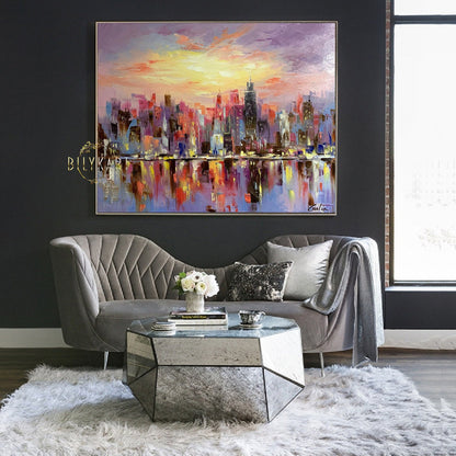 Large Night City Abstract Painting, Urban City Scape Painting, Extra Large City Modern Wall Art Decor, Chicago Skyline Abstract Oil Painting