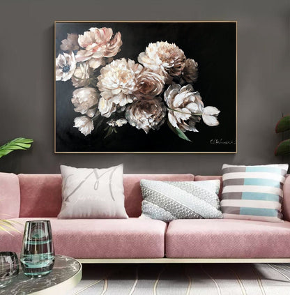 Large Black White Flower Paintings on Canvas White Peonies Oil Painting Original Blooming Floral Art Dark Flower Painting Peony Artwork