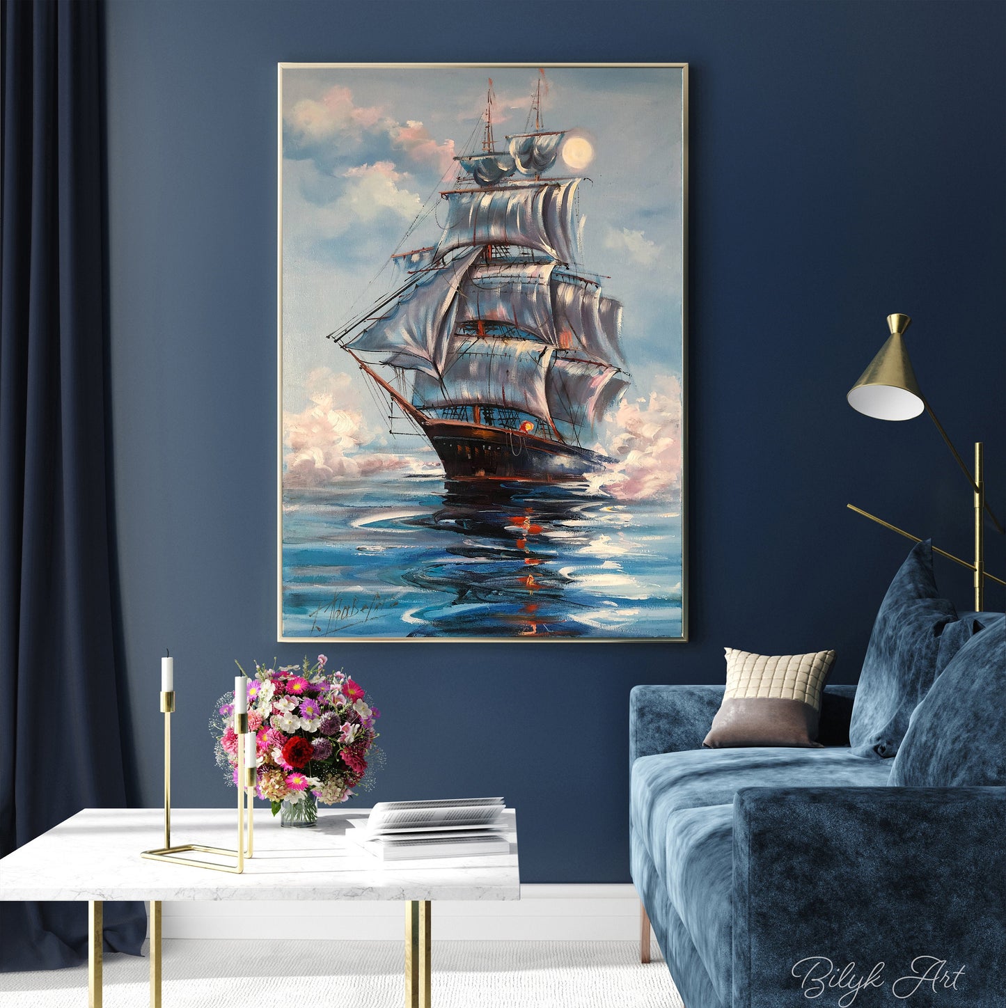 Navy Ship at Sea Painting on Canvas Large Sailing Wall Art Peace Oil Painting Seaside Decor Shore House Art Seascape Painting Original