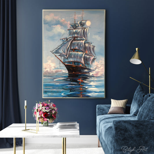 Navy Ship at Sea Painting on Canvas Large Sailing Wall Art Peace Oil Painting Seaside Decor Shore House Art Seascape Painting Original