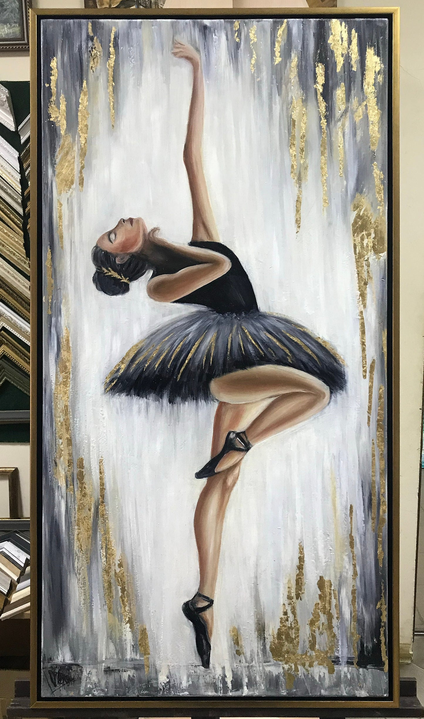 Abstract Ballerina Painting Original Black Ballerina Wall Art Dancing Girl Art Black Ballet Painting Gold Leaf Ballerina Painting on Canvas