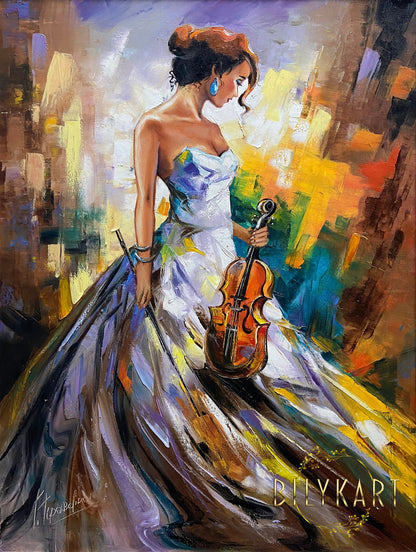 Lady with Violin Oil Painting Original Women 36x48 Canvas Wall Art Girl Large Musician Abstract Painting Modern Colorful Violinist Painting