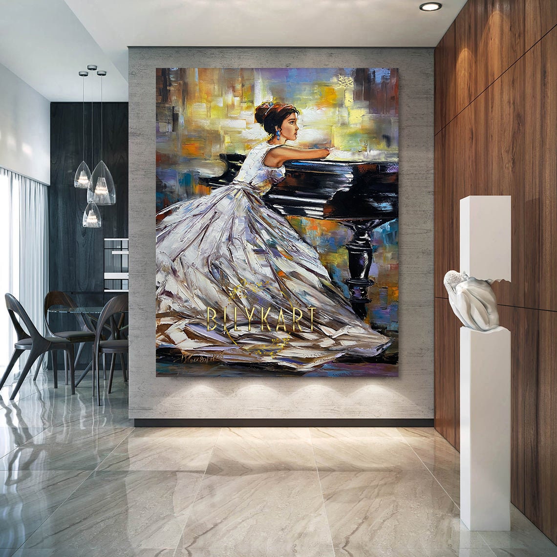 Pianist Painting Girl Grand Piano Wall Art Woman Sitting Art Lady Artwork Abstract Music Oil Painting Piano Gifts For Women Dress Painting