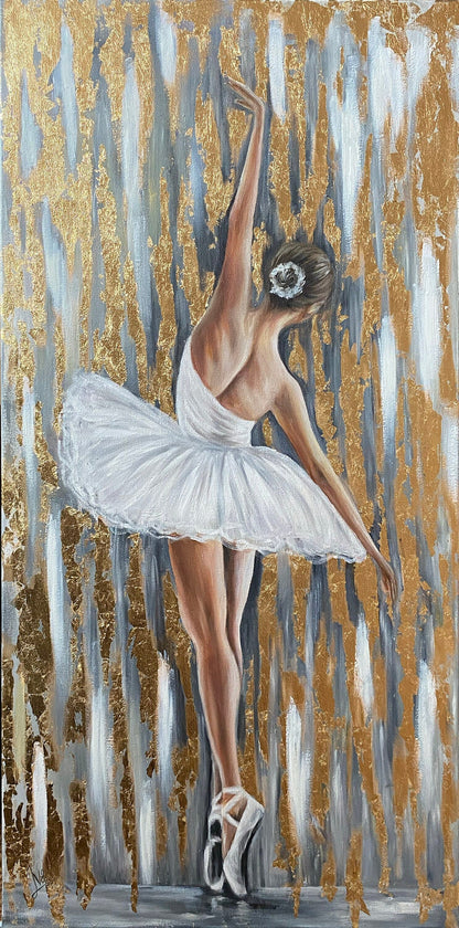 Abstract Ballerina Oil Painting Original Gold Ballerina Wall Decor Dancing Woman Art Ballet Painting Gold Leaf Ballerina Painting on Canvas