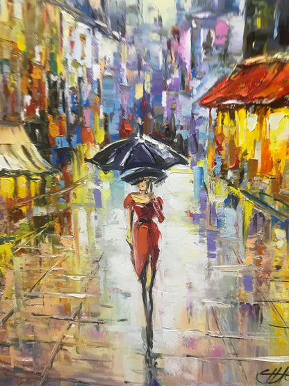 Paris Street Scene Oil Painting Original Woman with Umbrella Painting Rainy City Art Rain Reflection Painting Rainy Painting Paris Wall Art