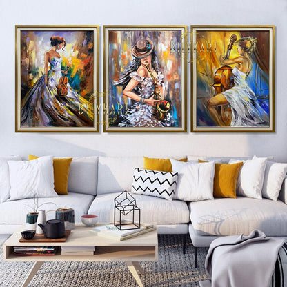 3 Matching Paintings Set of Three Woman Painting Framed Abstract Musician Oil Paintings Set of 3 Piece Wall Art Big Stylish Paintings Set