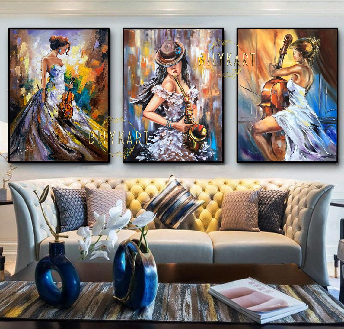 3 Matching Paintings Set of Three Woman Painting Framed Abstract Musician Oil Paintings Set of 3 Piece Wall Art Big Stylish Paintings Set