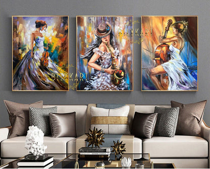 3 Matching Paintings Set of Three Woman Painting Framed Abstract Musician Oil Paintings Set of 3 Piece Wall Art Big Stylish Paintings Set