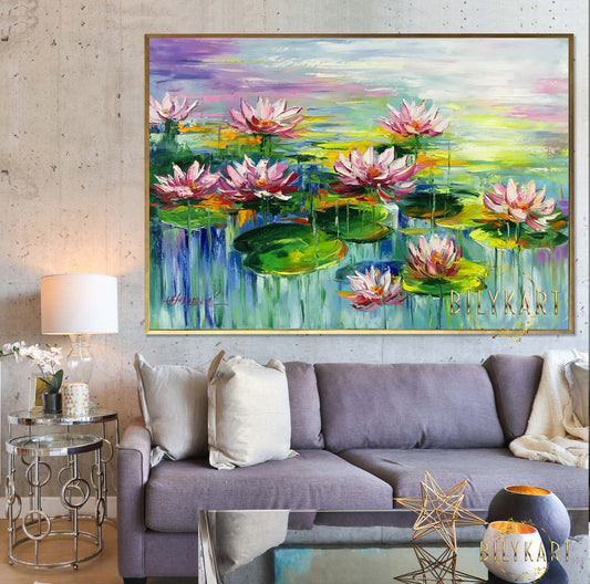 Claude Monet Painting on Canvas Water Lilies Wall Art Lotus Flower Art Water Lily Oil Painting Botanical Wall Decor Pond Painting Original