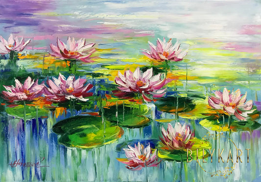 Claude Monet Painting on Canvas Water Lilies Wall Art Lotus Flower Art Water Lily Oil Painting Botanical Wall Decor Pond Painting Original