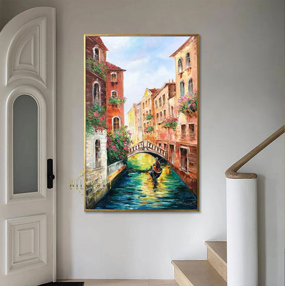 Large Venice Painting on Canvas Italy Cityscape Art Real Gondola Painting Sunset in Venice Italy Wall Art Travel to Venice Oil Painting