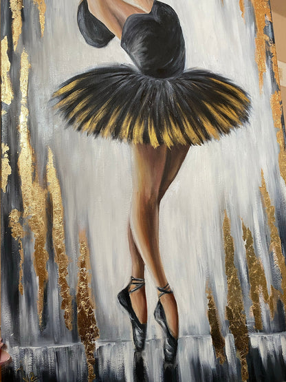 Dancing Girl Oil Painting Original Dancing Woman Art Ballet Oil Painting Black Gold Wall Art Dancer Gifts for Her Ballerina Painting 50x100