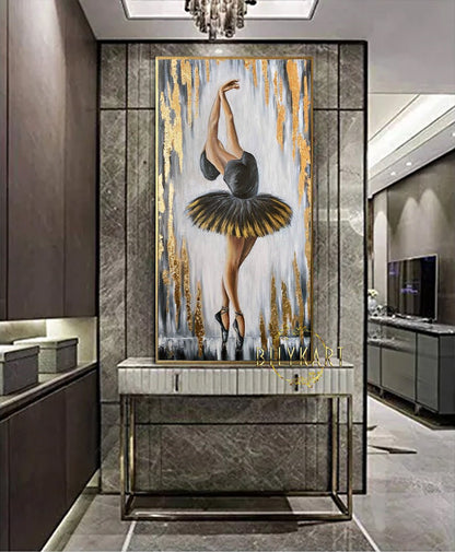 Dancing Girl Oil Painting Original Dancing Woman Art Ballet Oil Painting Black Gold Wall Art Dancer Gifts for Her Ballerina Painting 50x100