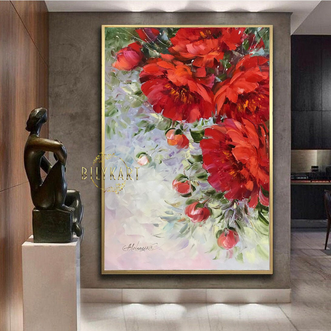 Abstract Peony Painting on Canvas Peonies Painting 30x40 Floral Wall Art Red Peony Flower Art Peonies Artwork Red Flowers Painting 40x60"