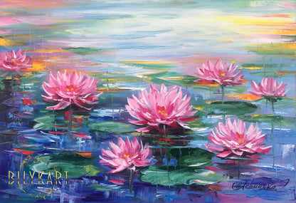 Water Lily Painting on Canvas Claude Monet Water Lilies Wall Art Lotus Flower Oil Painting Pink Lilies Wall Decor Pond Painting Original