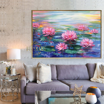 Water Lily Painting on Canvas Claude Monet Water Lilies Wall Art Lotus Flower Oil Painting Pink Lilies Wall Decor Pond Painting Original