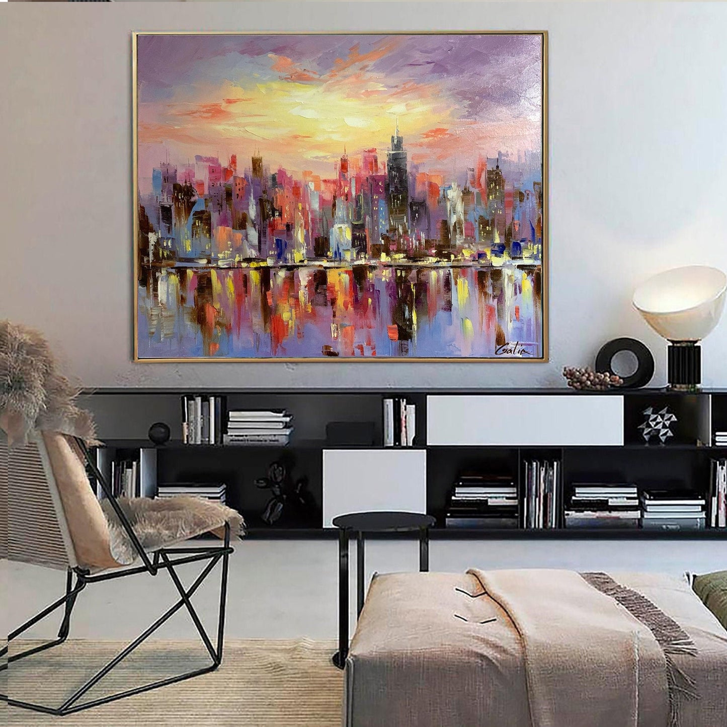 Large Night City Abstract Painting, Urban City Scape Painting, Extra Large City Modern Wall Art Decor, Chicago Skyline Abstract Oil Painting