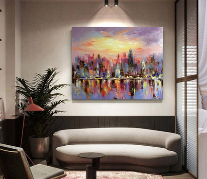 Large Night City Abstract Painting, Urban City Scape Painting, Extra Large City Modern Wall Art Decor, Chicago Skyline Abstract Oil Painting