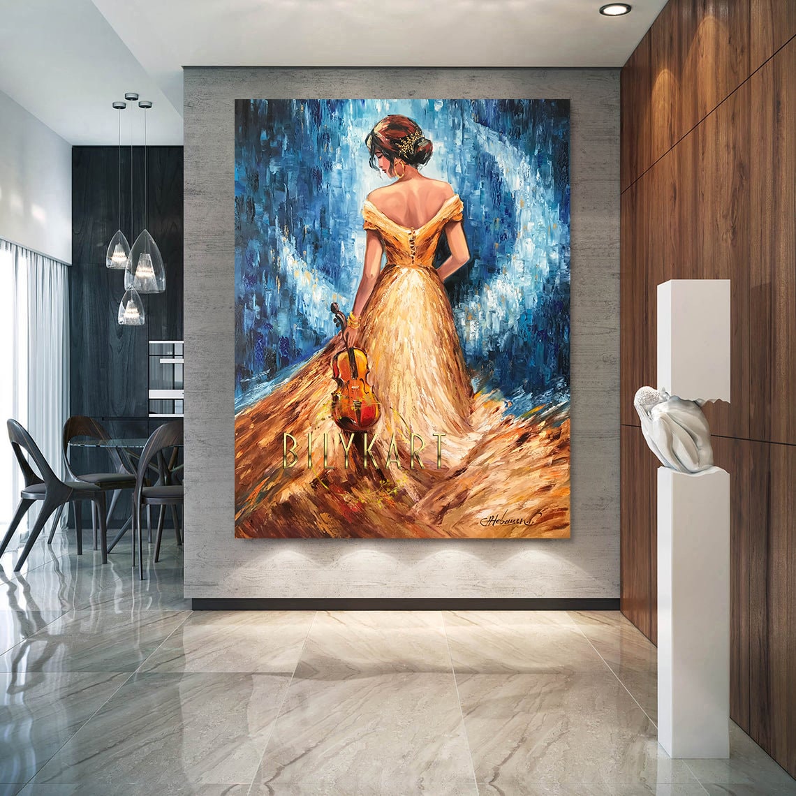 Violin Girl Oil Painting Original Violin Wall Art Painting of Woman From Behind Violin Gifts Modern Blue Gold Violinist Painting 30x40"