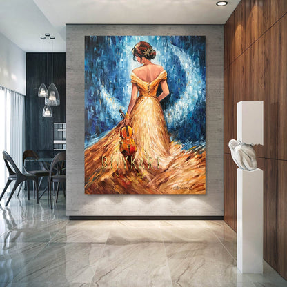 Violin Girl Oil Painting Original Violin Wall Art Painting of Woman From Behind Violin Gifts Modern Blue Gold Violinist Painting 30x40"