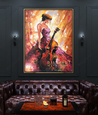 Beautiful Woman in Red Dress Painting Original Abstract Red Orange Yellow Painting on Canvas Music Artwork Lady with Cello Oil Painting