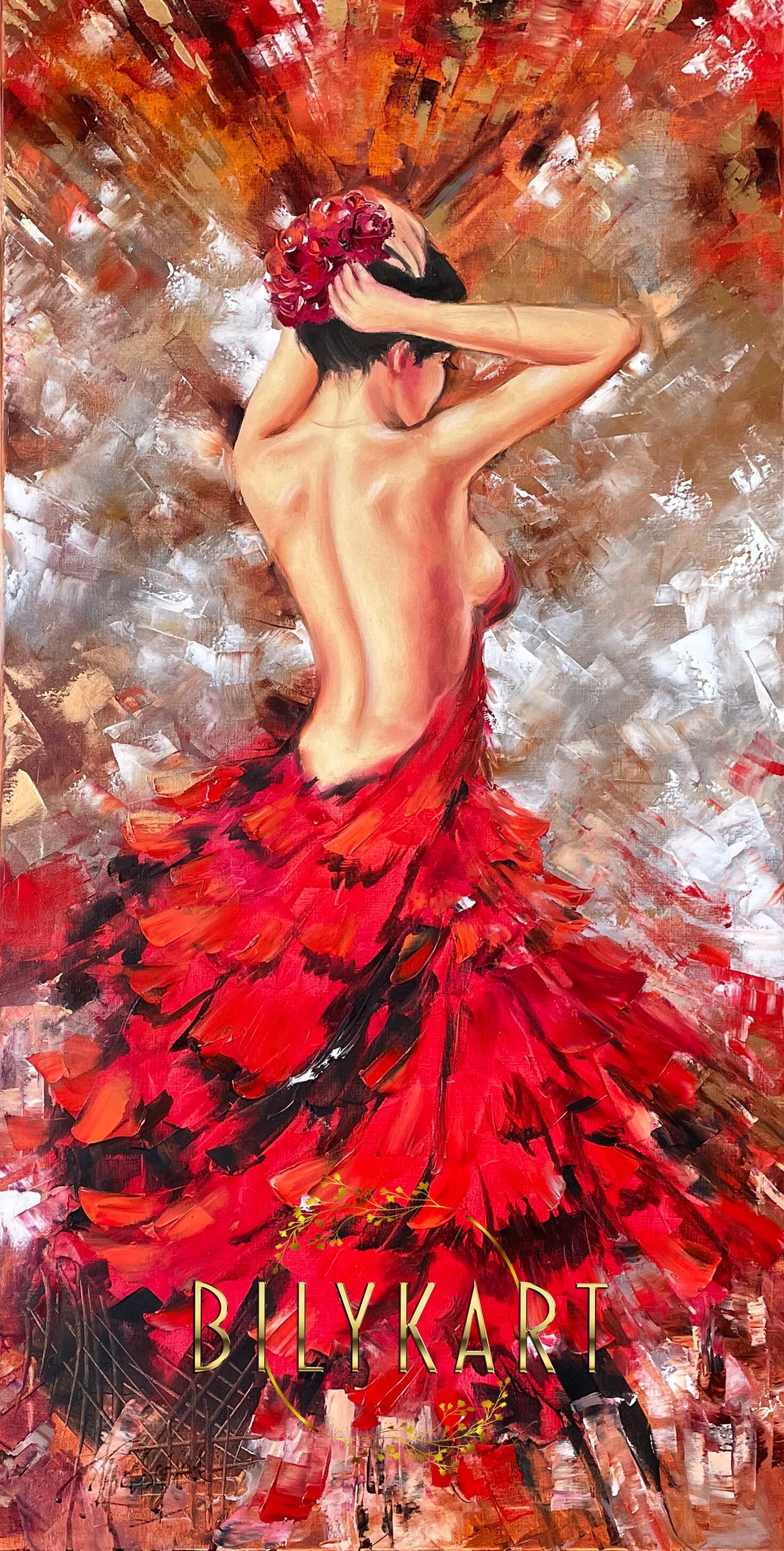 Lady in Red Oil Painting on Canvas Back of Woman Painting Elegant Artwork Figurative Painting Abstract Woman Wall Art 18x36 Tall Wall Decor