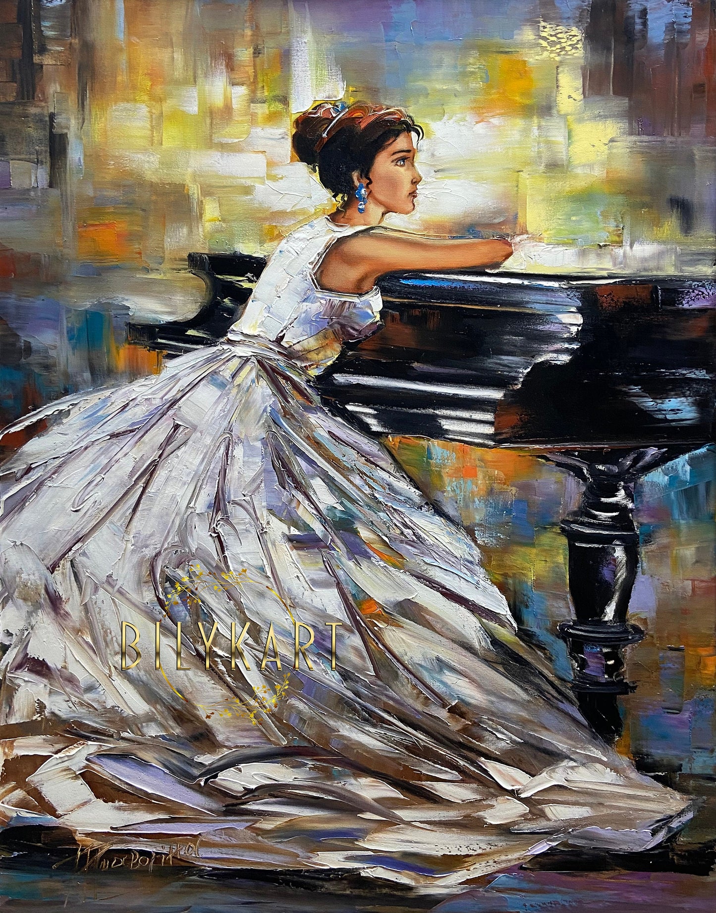 Pianist Painting Girl Grand Piano Wall Art Woman Sitting Art Lady Artwork Abstract Music Oil Painting Piano Gifts For Women Dress Painting