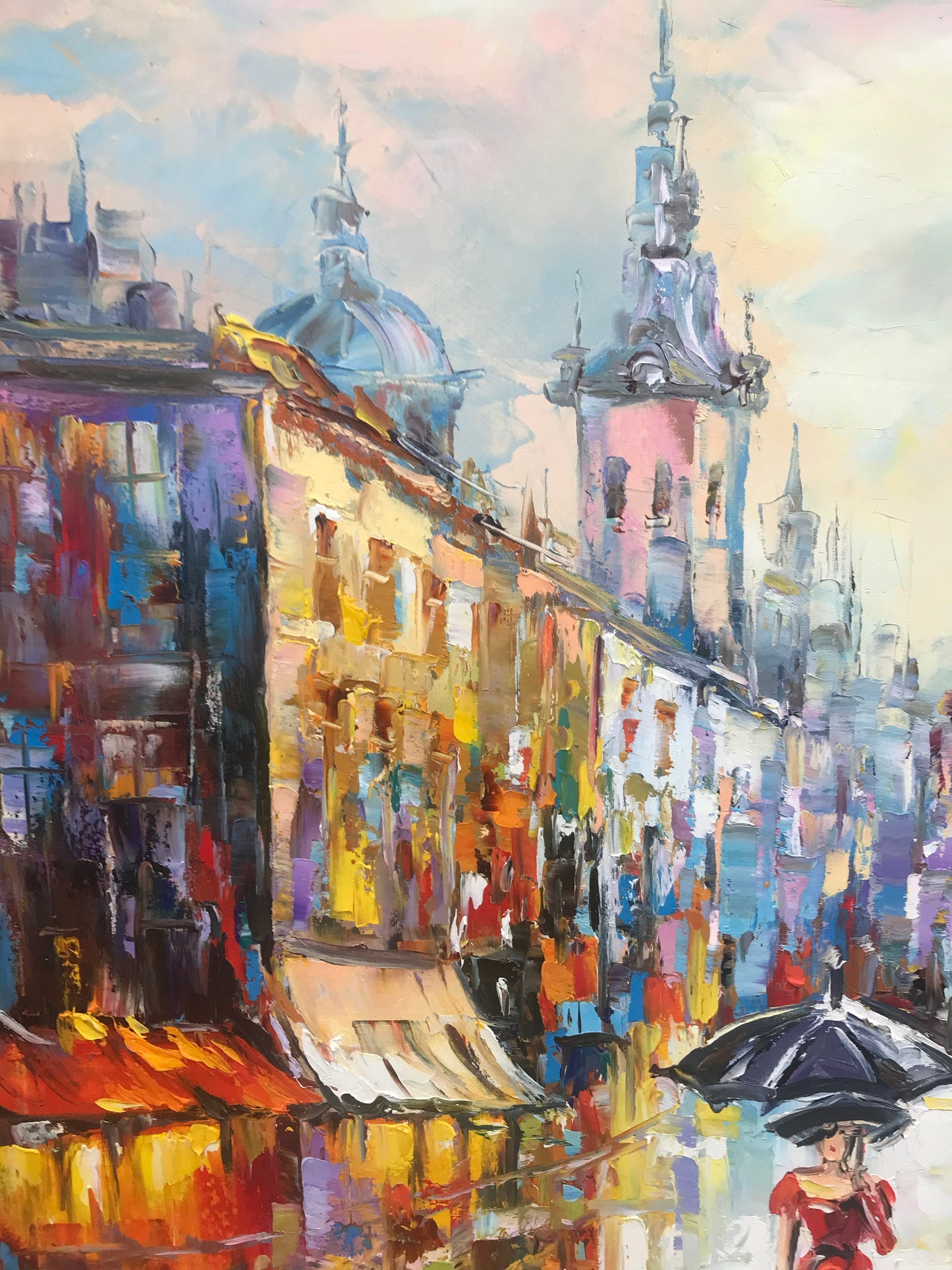 Paris Street Scene Oil Painting Original Woman with Umbrella Painting Rainy City Art Rain Reflection Painting Rainy Painting Paris Wall Art