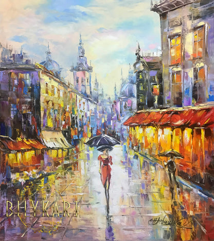 Paris Street Scene Oil Painting Original Woman with Umbrella Painting Rainy City Art Rain Reflection Painting Rainy Painting Paris Wall Art