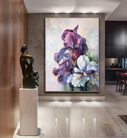 Large Abstract Flower Oil Painting Original Purple White Floral Canvas Wall Art Abstract Flowers Wall Decor Extra Large Iris Flower Painting