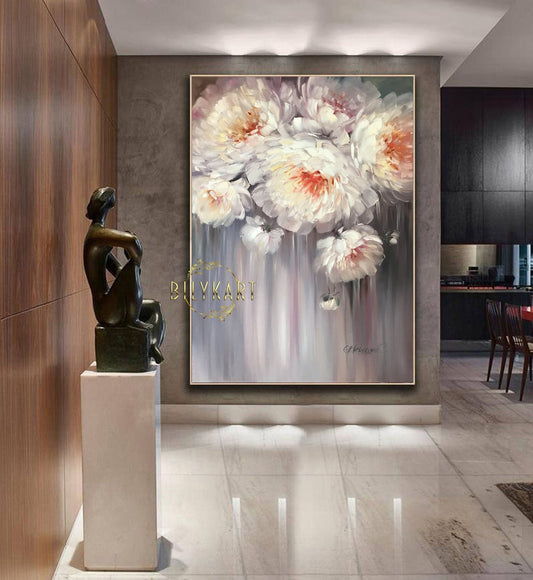 Large Abstract Flower Oil Painting White Grey Floral Wall Art Neutral Color Flower Paintings Big Bloom Flowers Wall Decor Painting Abstract
