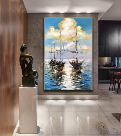 Sail Boat at Sea Oil Painting, Original Sailboats Painting, Sailing Wall Art, Custom Boat Painting on Canvas, Colorful Sunset Boats Art