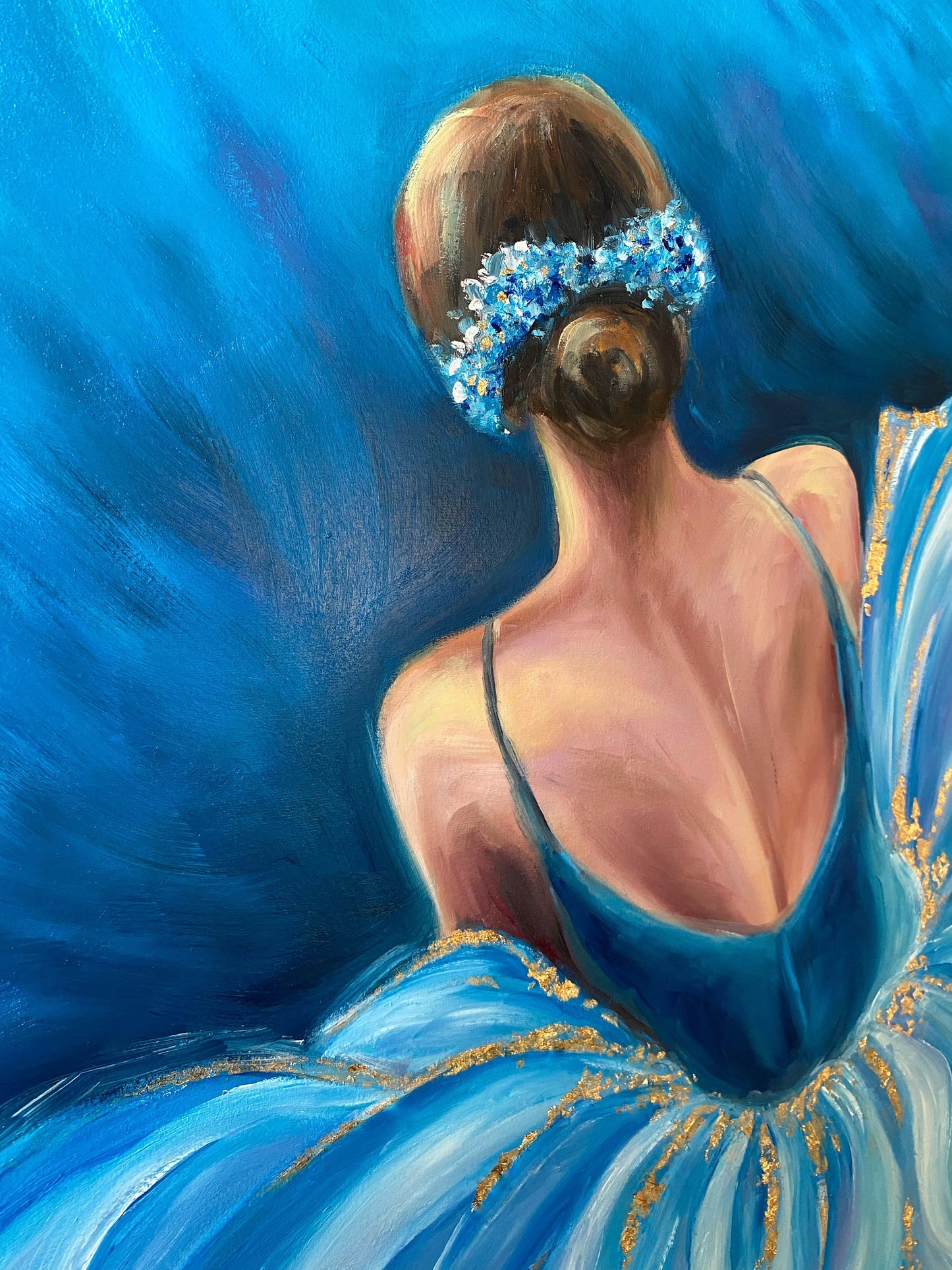 Abstract Ballerina Oil Painting Original Blue Ballerina Wall Art Girl in Dress Painting Gold Frame Ballet Art Ballerina Painting on Canvas