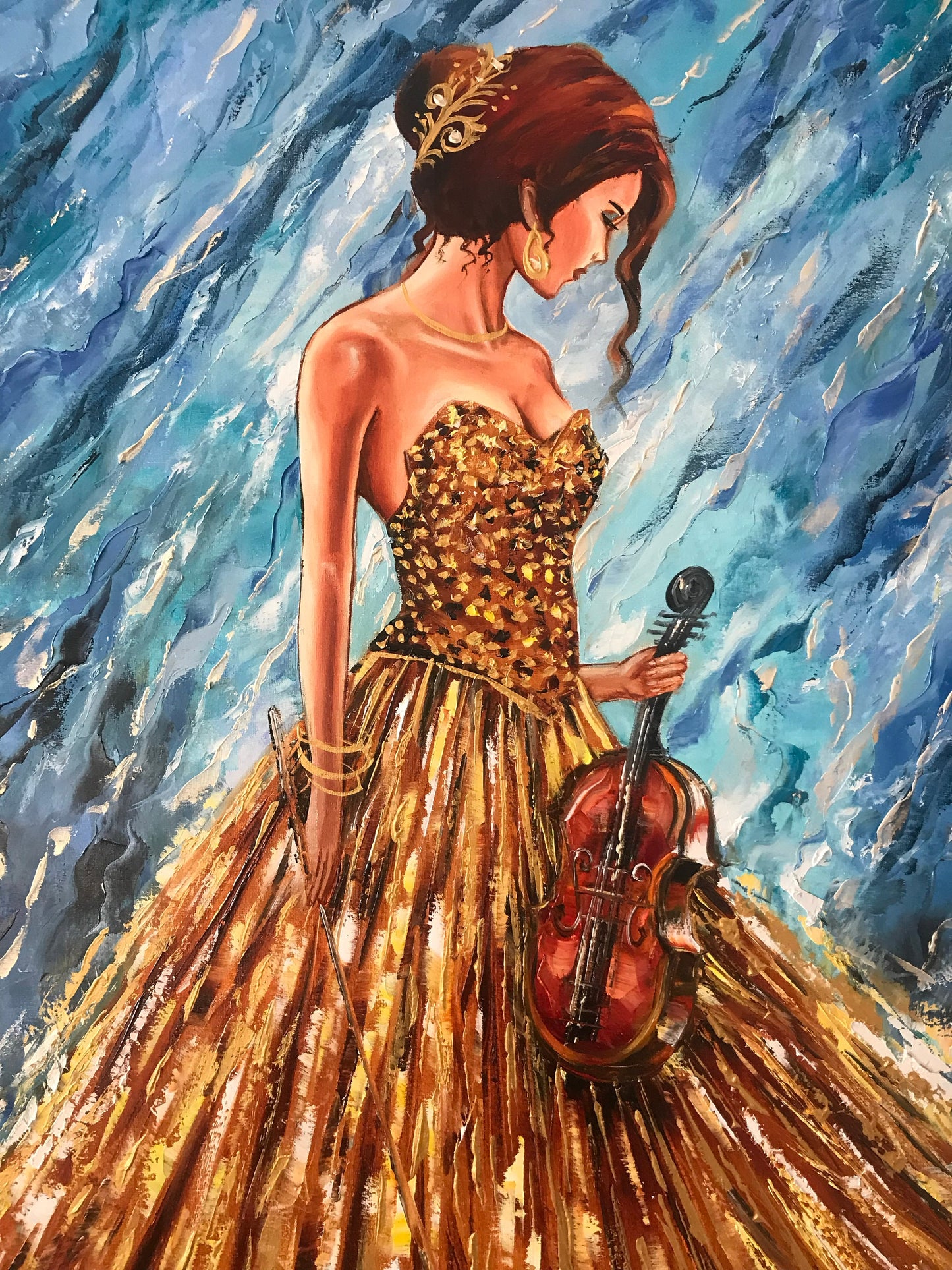 Abstract Woman in Gold Dress Oil Painting Original Girl Music Painting Blue Gold Violin Decor Violin Player Painting Modern Woman Artwork