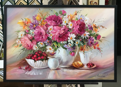 Peony still life painting Floral artwork Berries painting Anniversary gift for her Classical still life dish Pink bouquet painting on canvas