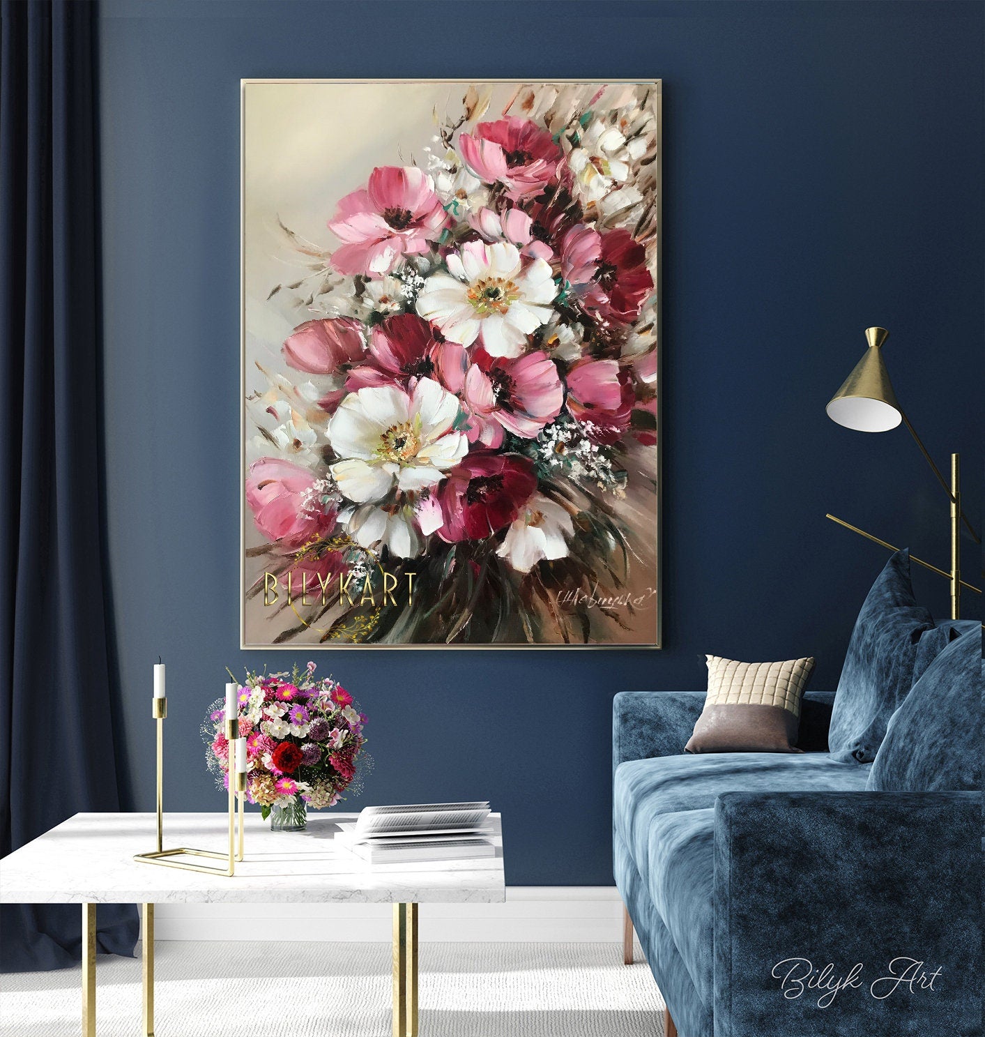 Large Flower Painting on Canvas Abstract Floral Art Red White Blooming Flowers Painting Extra Large Floral Wall Art Painting Big Flowers