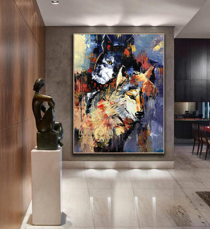 Abstract Wolf Painting Original 2 Wolves Wall Art Canvas Wild Animals Paintings Animals Wall Decor Wolf Artwork Unique Gifts for Wolf Lovers