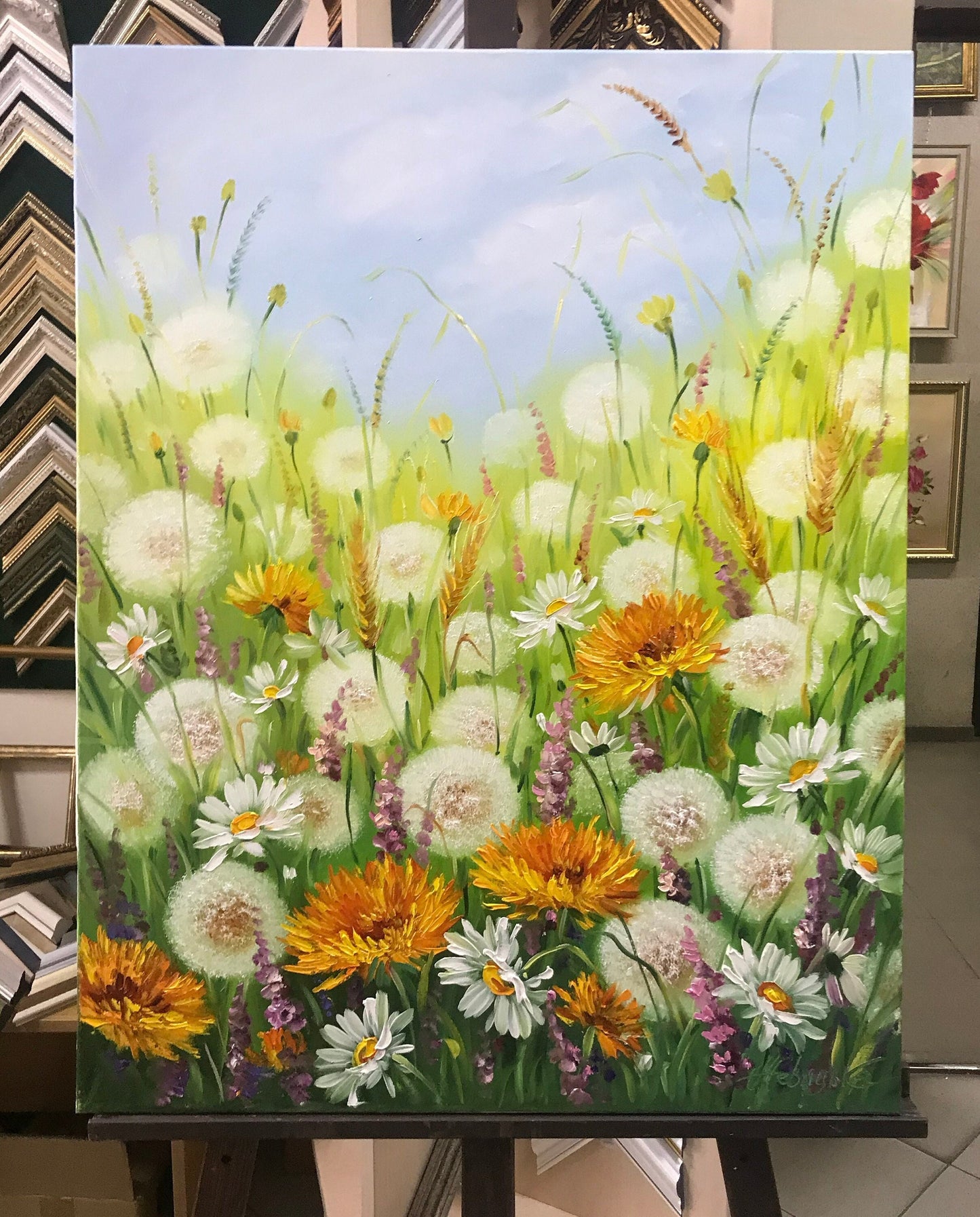 Flower Field Oil Painting Original Art Work Wildflower Meadow Painting on Canvas Dandelions Art Floral Meadow Painting Dandelion Flower Art