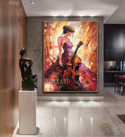 Beautiful Woman in Red Dress Painting Original Abstract Red Orange Yellow Painting on Canvas Music Artwork Lady with Cello Oil Painting