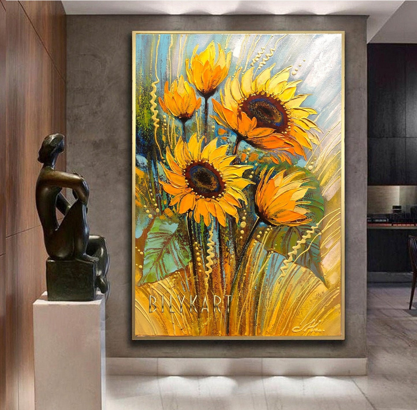 Impasto Sunflowers Painting on Canvas Abstract Sunflower Painting Original Large Texture Yellow Flower Wall Art Impasto Flowers Artwork